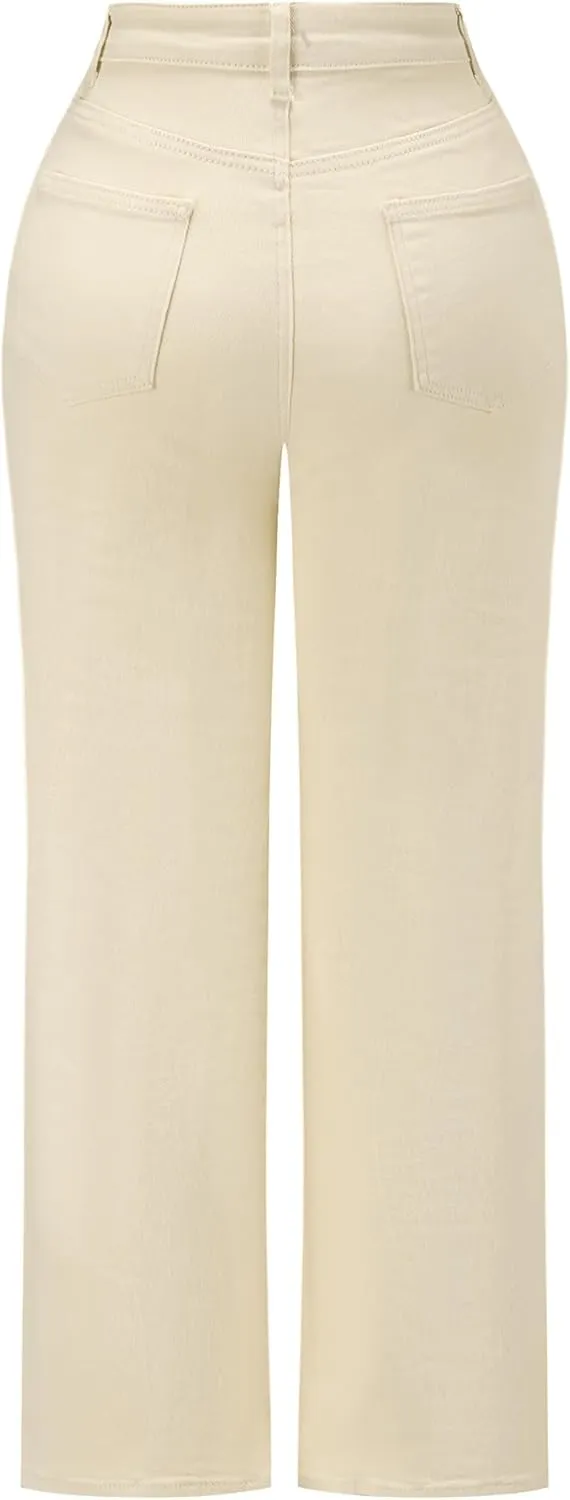 THUNDER STAR Womens High Waisted Wide Leg Jeans Stretchy Distressed Denim Pants