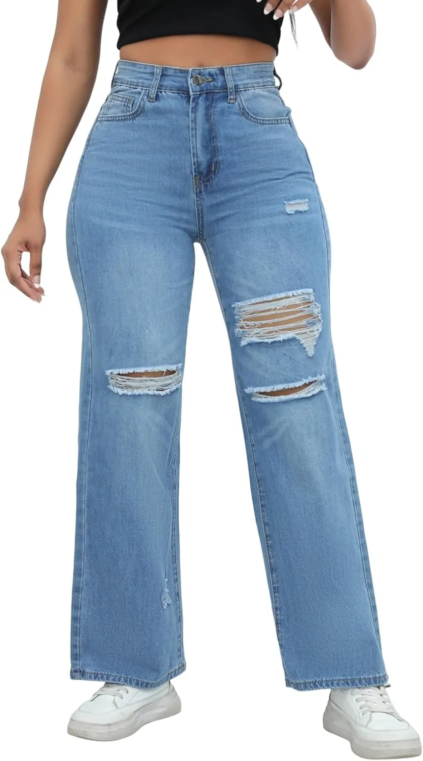 THUNDER STAR Womens High Waisted Wide Leg Jeans Stretchy Distressed Denim Pants