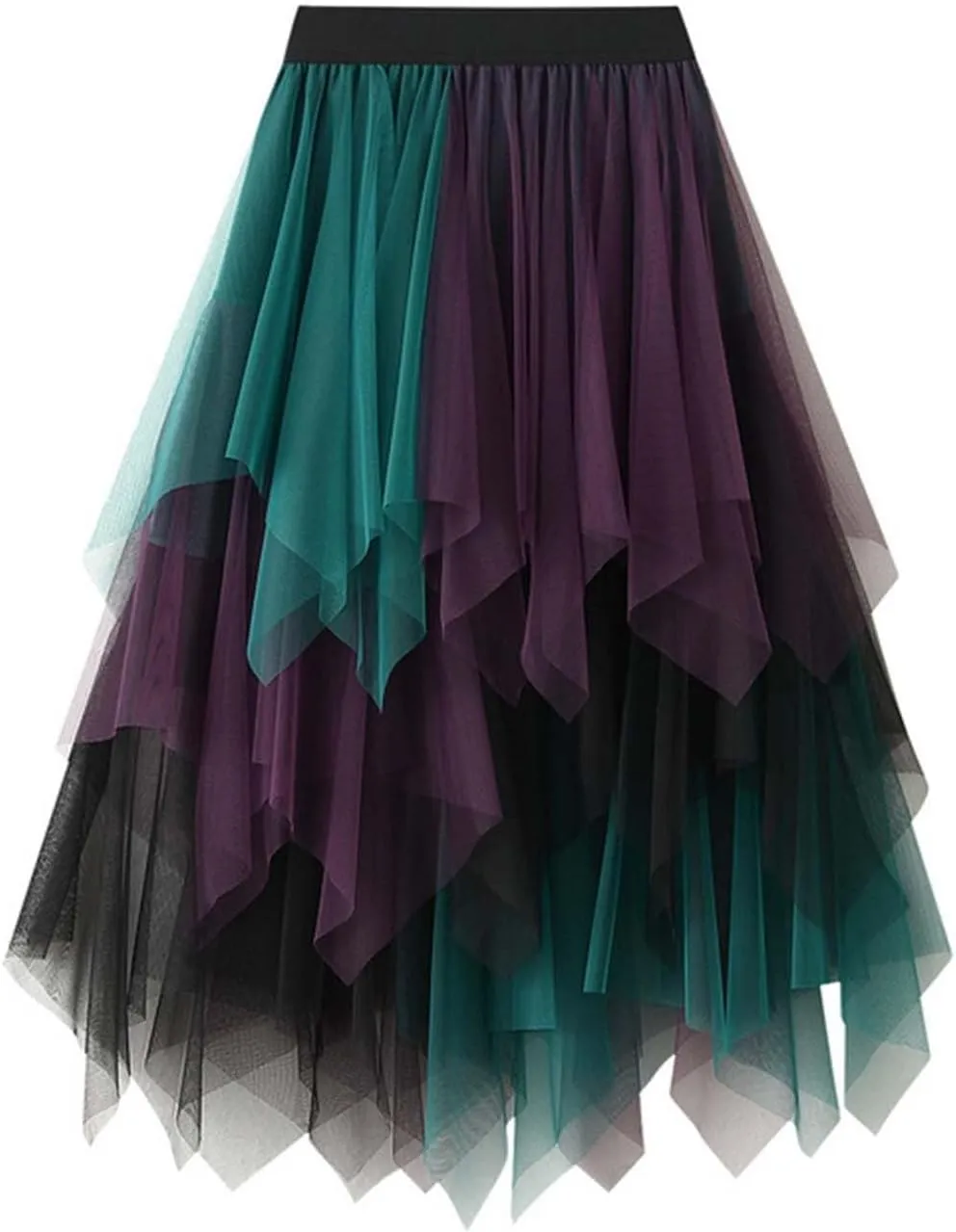 Tiered Midi Skirts for Women 2025 Summer Elastic High Waisted Flowy A-Line Patchwork Asymmetrical Tulle Skirt