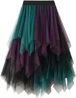 Tiered Midi Skirts for Women 2025 Summer Elastic High Waisted Flowy A-Line Patchwork Asymmetrical Tulle Skirt