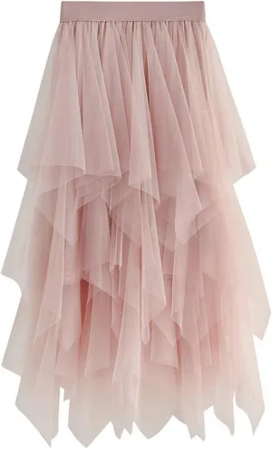 tuduoms Fairy Tulle Skirts Teen Girls Cute Irregular Ruffle Layered Mesh Midi Skirt Summer Party Beach Flowy Skirt for Women