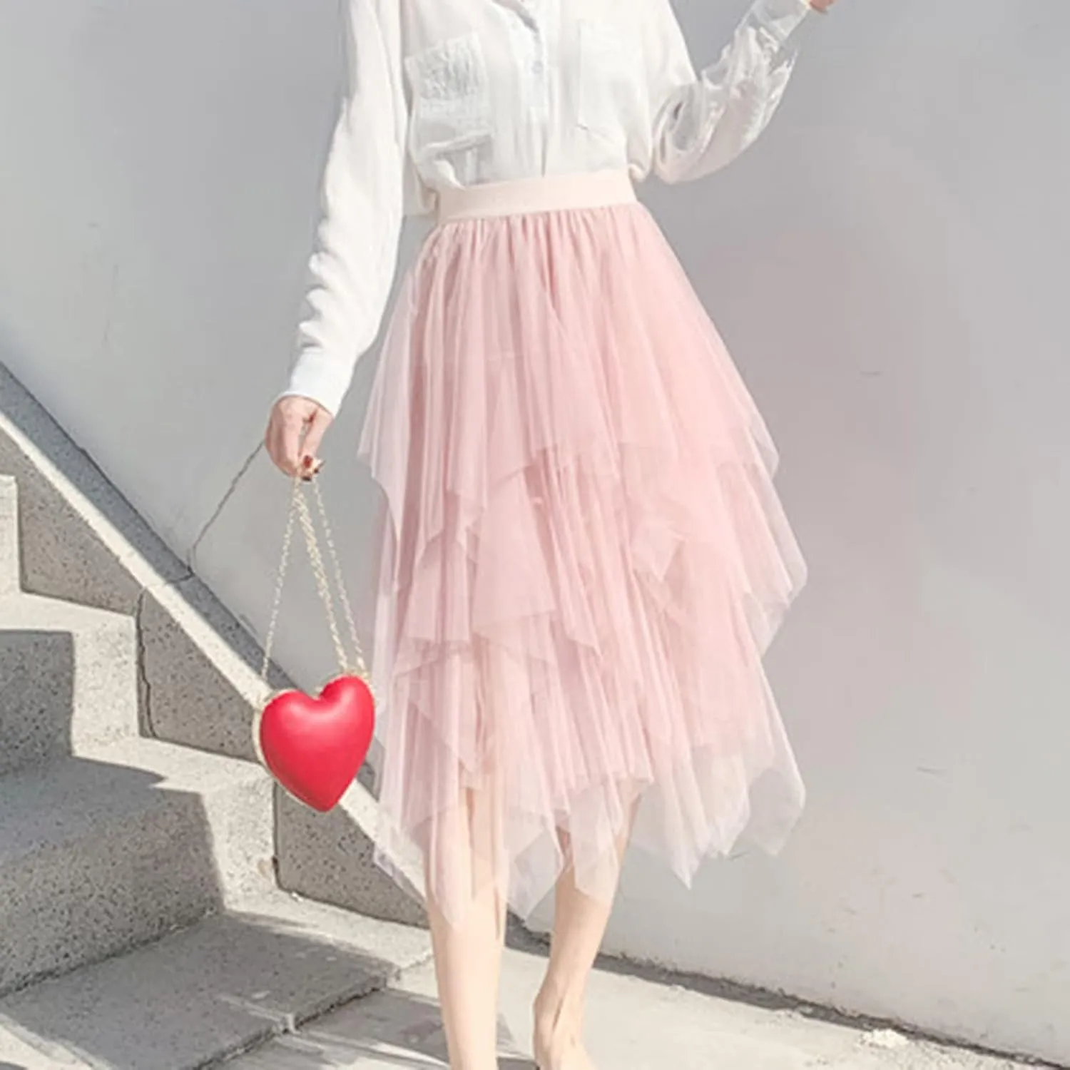 tuduoms Fairy Tulle Skirts Teen Girls Cute Irregular Ruffle Layered Mesh Midi Skirt Summer Party Beach Flowy Skirt for Women