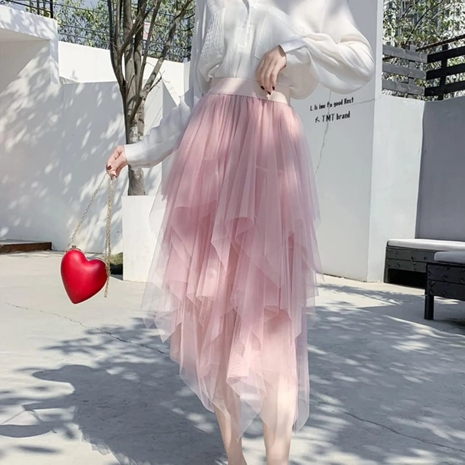 tuduoms Fairy Tulle Skirts Teen Girls Cute Irregular Ruffle Layered Mesh Midi Skirt Summer Party Beach Flowy Skirt for Women