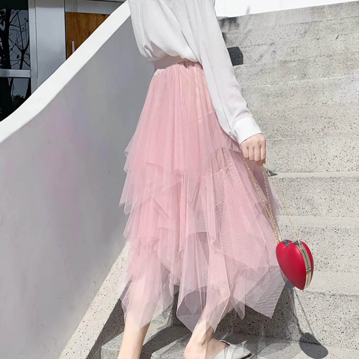 tuduoms Fairy Tulle Skirts Teen Girls Cute Irregular Ruffle Layered Mesh Midi Skirt Summer Party Beach Flowy Skirt for Women