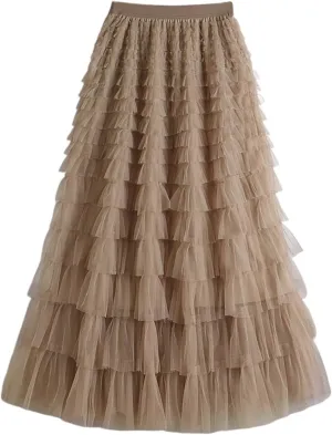 Tulle Maxi Skirts for Women 2025 Summer Elastic High Waisted Flowy Swing Tiered Mesh Long Skirt