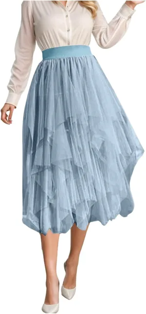 Tulle Skirts for Women Midi Length Summer Pleated Tiered Flowy Asymmetrical Skirt Elastic High Waisted Vacation Mesh Skirts
