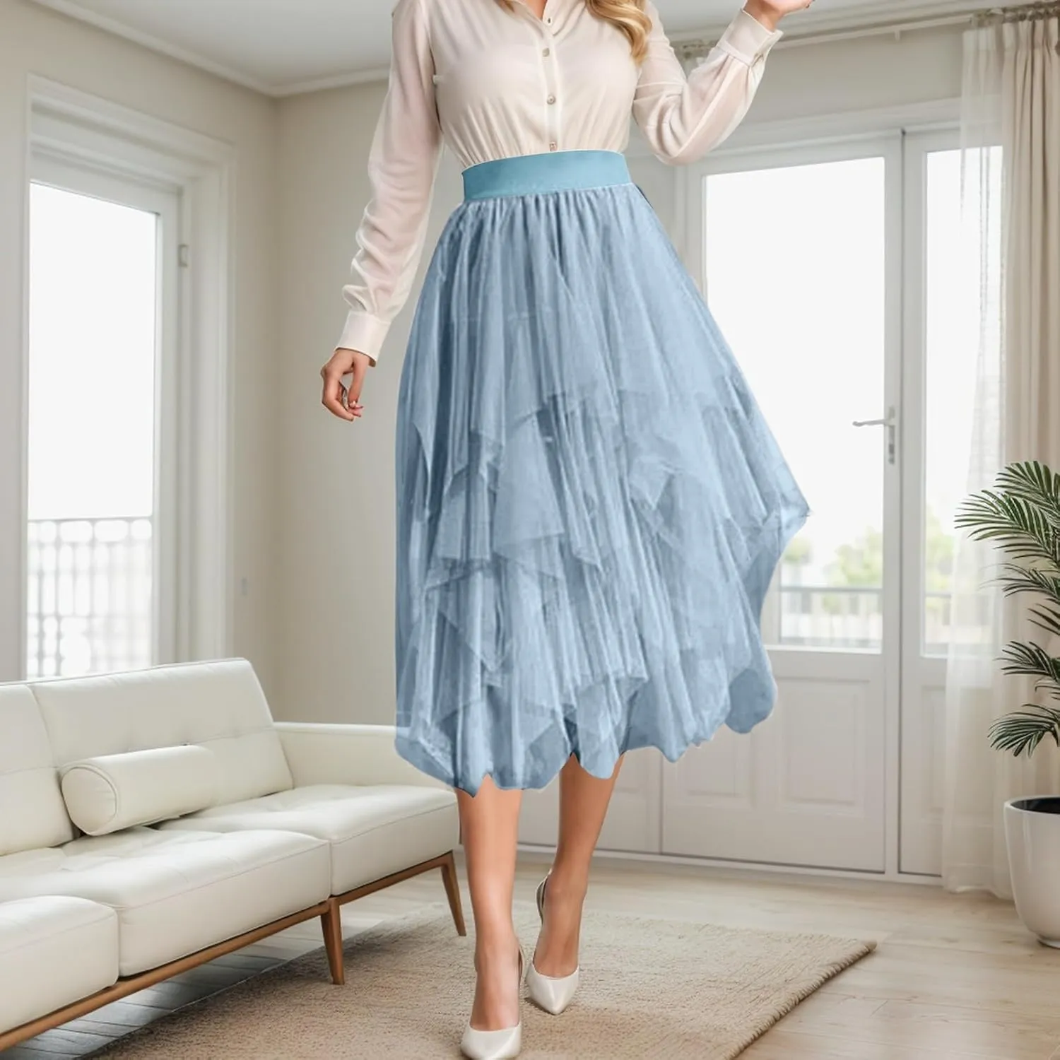 Tulle Skirts for Women Midi Length Summer Pleated Tiered Flowy Asymmetrical Skirt Elastic High Waisted Vacation Mesh Skirts