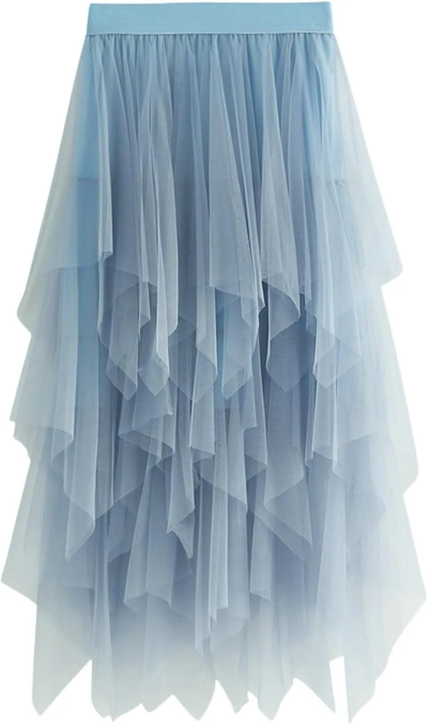 Tulle Skirts for Women Midi Length Summer Pleated Tiered Flowy Asymmetrical Skirt Elastic High Waisted Vacation Mesh Skirts