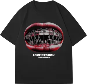 Verdusa Women's Lip Print Crop Top Oversized Y2k Crew Neck Graphic Tee
