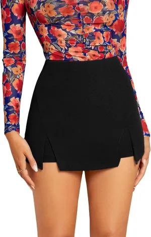 WDIRARA Women's High Waist Split Hem Mini Skirt Side Slit Bodycon Skirts
