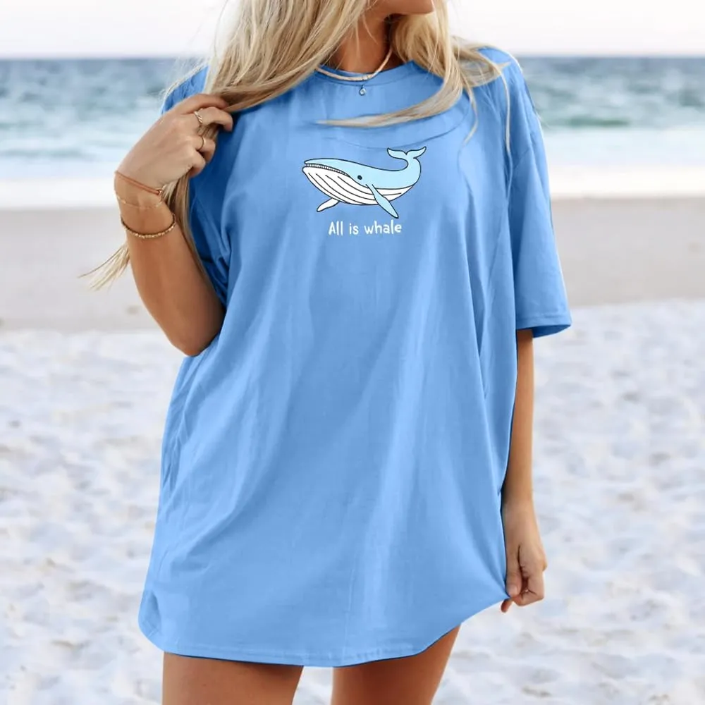 Whale Oversized Shirt for Women All is Whale Funny Beach Tshirt Hawaii Vacation Summer Casual Loose Graphic Tops