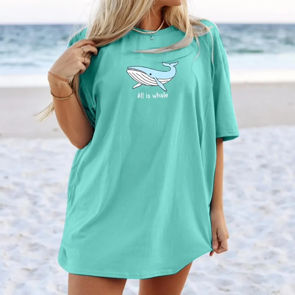 Whale Oversized Shirt for Women All is Whale Funny Beach Tshirt Hawaii Vacation Summer Casual Loose Graphic Tops