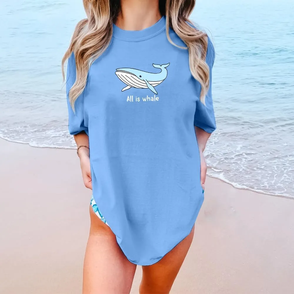 Whale Oversized Shirt for Women All is Whale Funny Beach Tshirt Hawaii Vacation Summer Casual Loose Graphic Tops