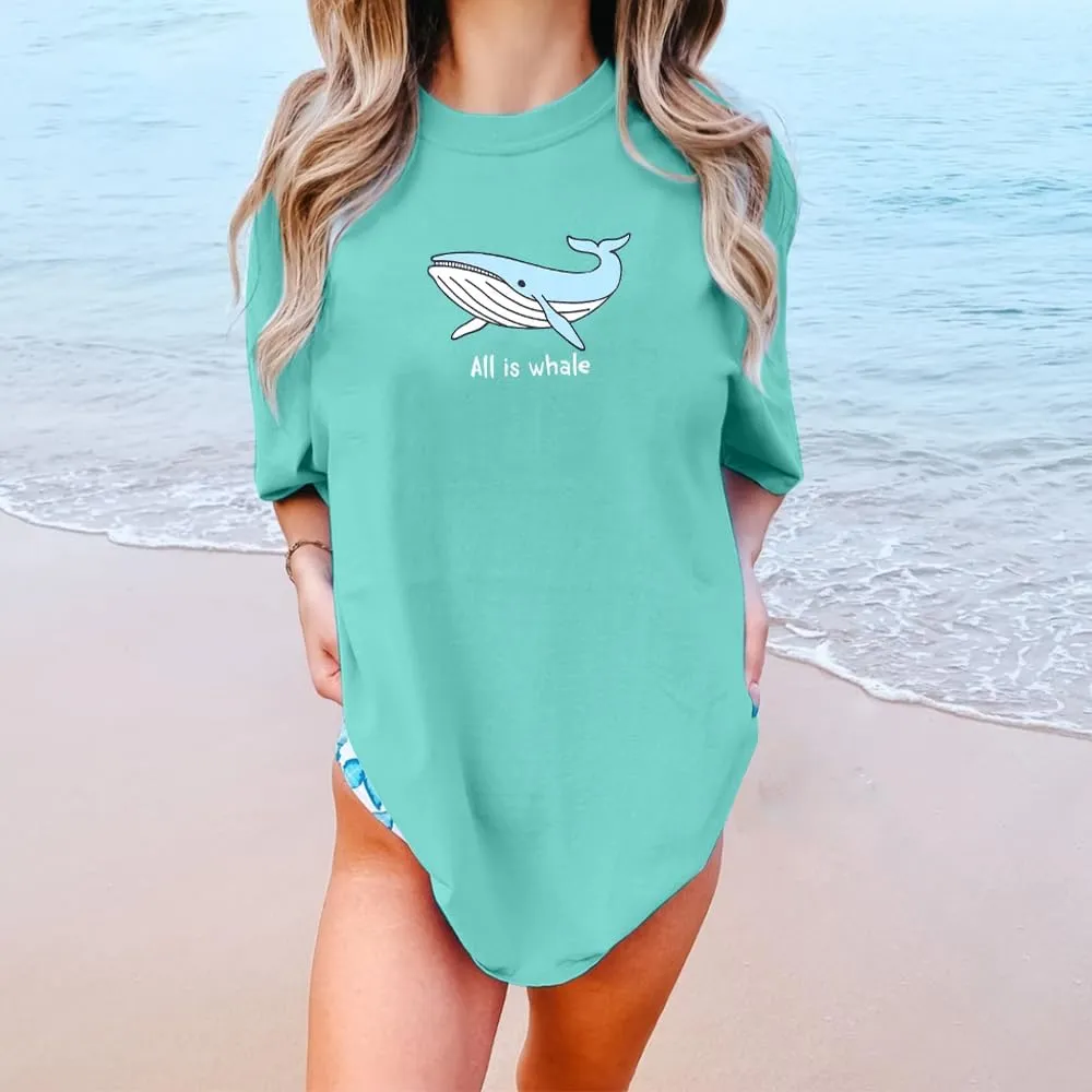 Whale Oversized Shirt for Women All is Whale Funny Beach Tshirt Hawaii Vacation Summer Casual Loose Graphic Tops