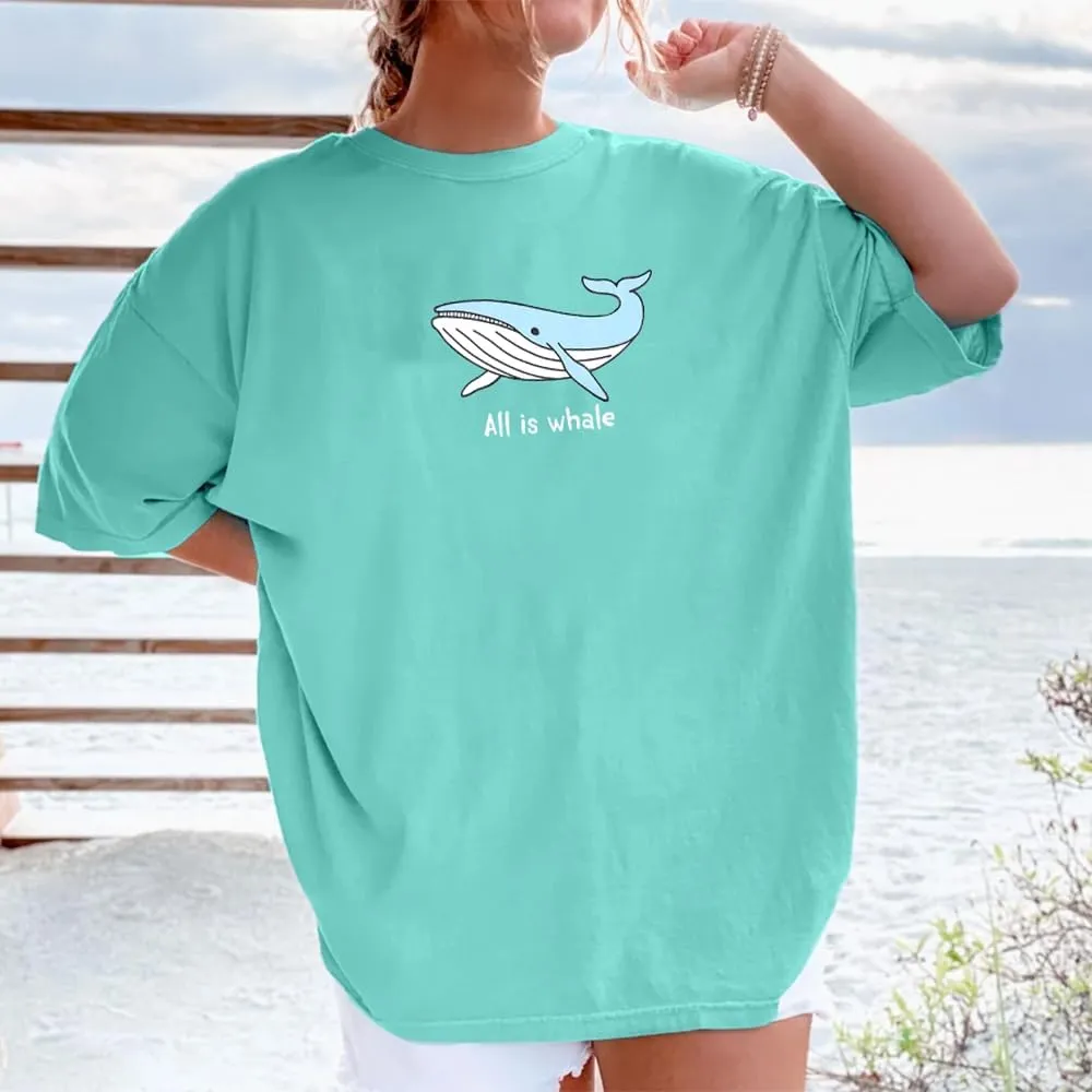 Whale Oversized Shirt for Women All is Whale Funny Beach Tshirt Hawaii Vacation Summer Casual Loose Graphic Tops