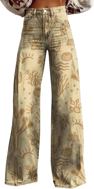 Wide Leg Flare Jeans for Women with Pocket Baggy Pants Vintage Floral Print Jeans for Women High Waisted Loose Pant
