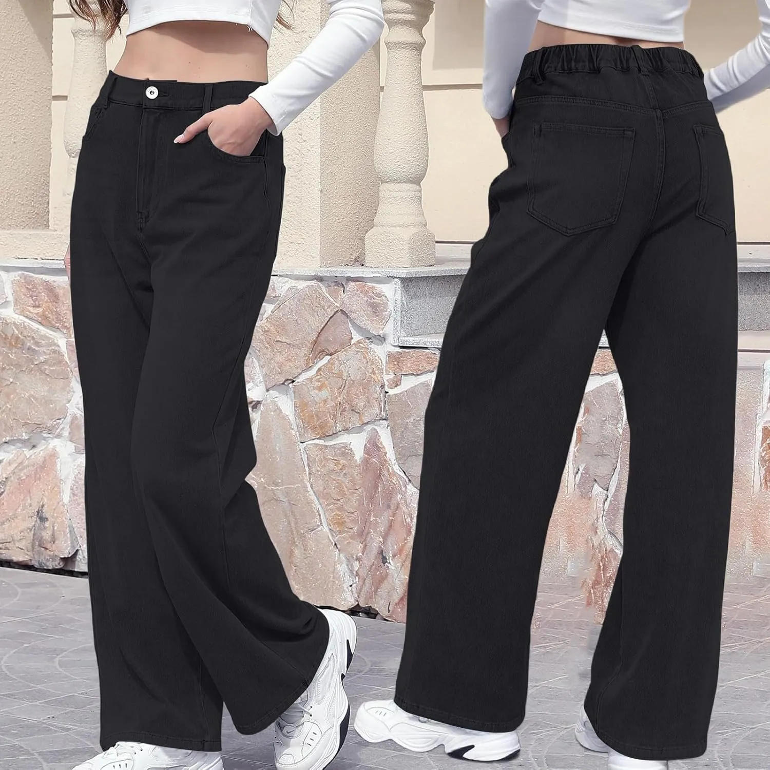Wide Leg Jeans Woman Classic Baggy Elastic Waist Wide Leg Denim Pants Casual Vintage Soft Trousers with Pockets