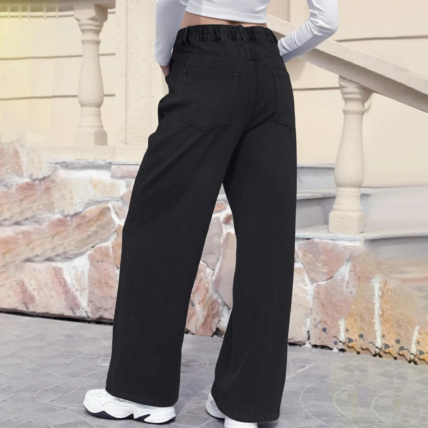 Wide Leg Jeans Woman Classic Baggy Elastic Waist Wide Leg Denim Pants Casual Vintage Soft Trousers with Pockets