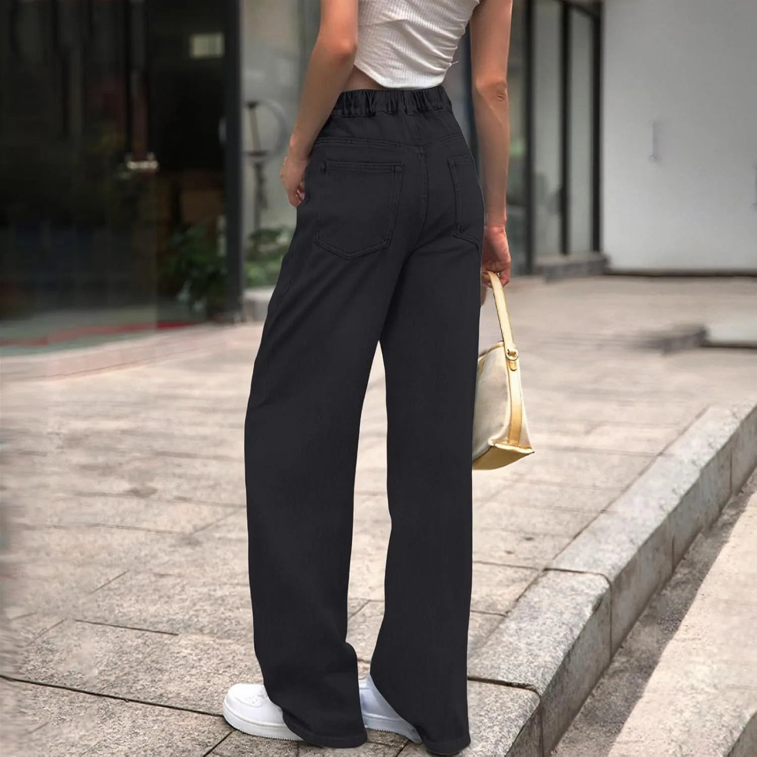 Wide Leg Jeans Woman Classic Baggy Elastic Waist Wide Leg Denim Pants Casual Vintage Soft Trousers with Pockets