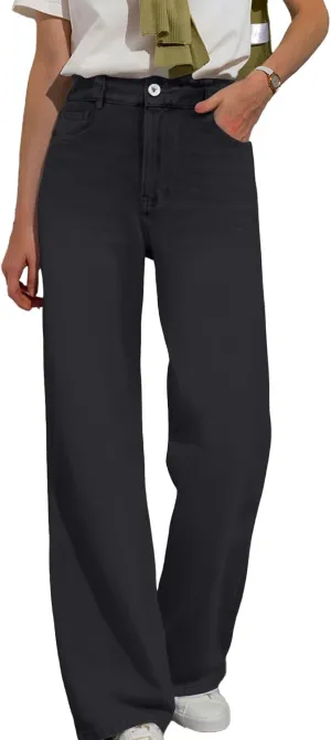 Wide Leg Jeans Woman Classic Baggy Elastic Waist Wide Leg Denim Pants Casual Vintage Soft Trousers with Pockets