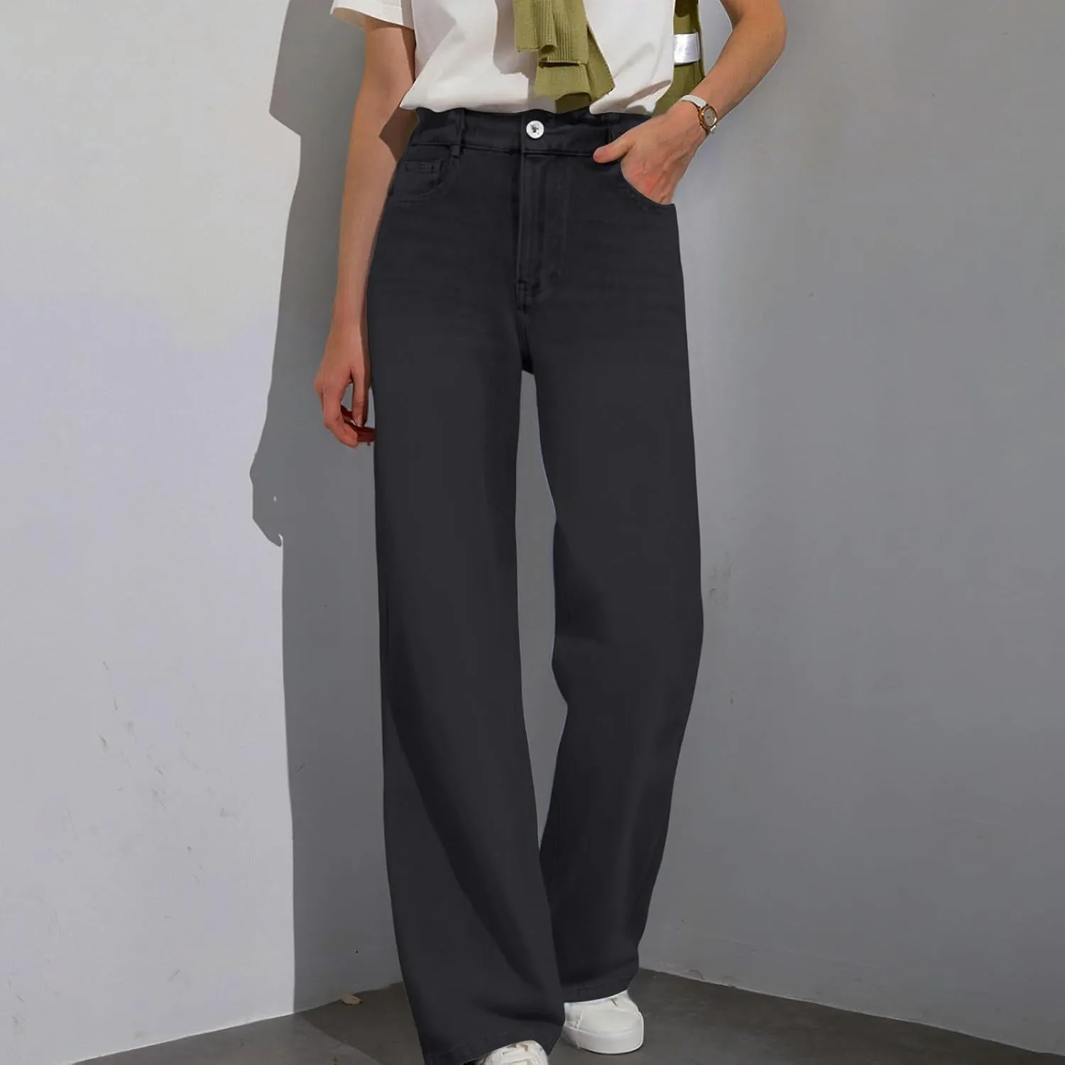 Wide Leg Jeans Woman Classic Baggy Elastic Waist Wide Leg Denim Pants Casual Vintage Soft Trousers with Pockets