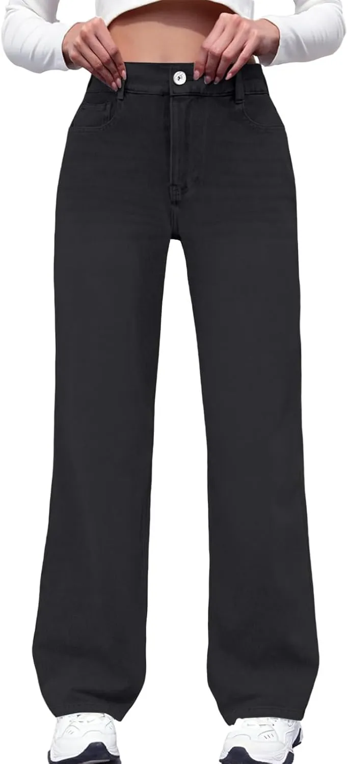 Wide Leg Jeans Woman Classic Baggy Elastic Waist Wide Leg Denim Pants Casual Vintage Soft Trousers with Pockets