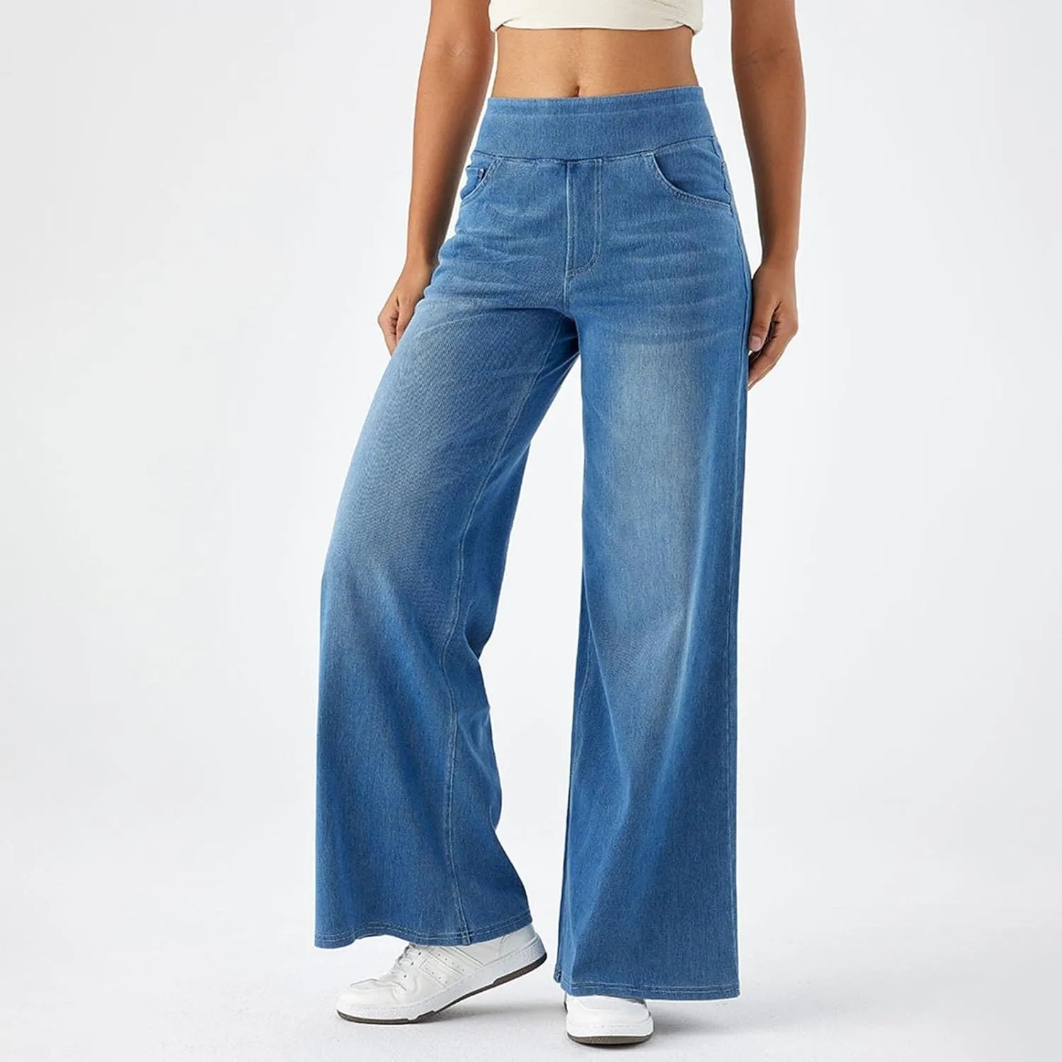 Wide Leg Jeans Womens Pull On,Trendy Baggy Sweatpant That Look Like Jeans,Casual Elastic High Waisted Stretchy Denim Pants