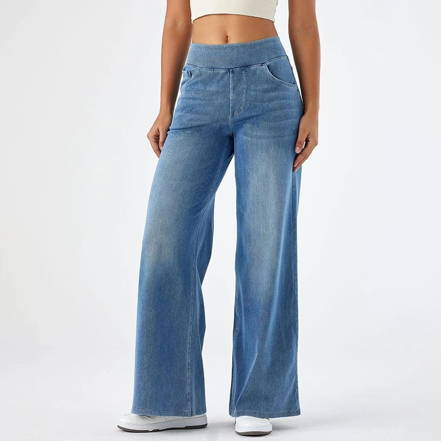 Wide Leg Jeans Womens Pull On,Trendy Baggy Sweatpant That Look Like Jeans,Casual Elastic High Waisted Stretchy Denim Pants