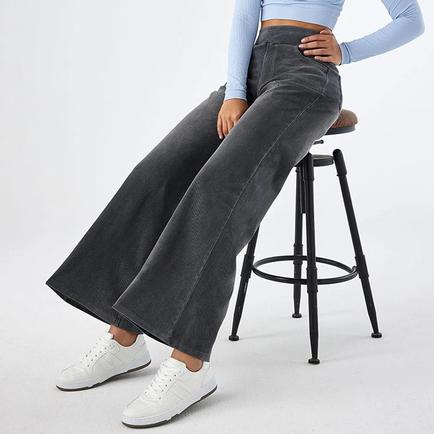 Wide Leg Jeans Womens Pull On,Trendy Baggy Sweatpant That Look Like Jeans,Casual Elastic High Waisted Stretchy Denim Pants