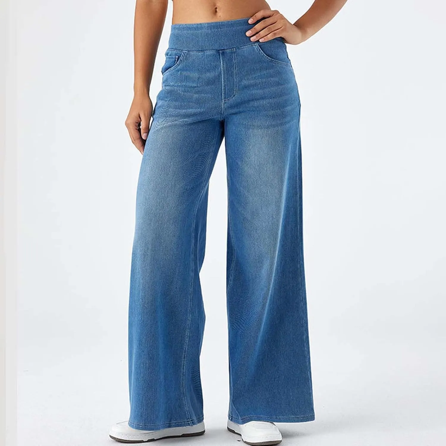Wide Leg Jeans Womens Pull On,Trendy Baggy Sweatpant That Look Like Jeans,Casual Elastic High Waisted Stretchy Denim Pants