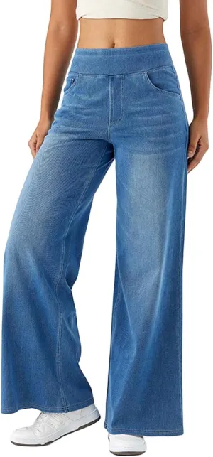 Wide Leg Jeans Womens Pull On,Trendy Baggy Sweatpant That Look Like Jeans,Casual Elastic High Waisted Stretchy Denim Pants
