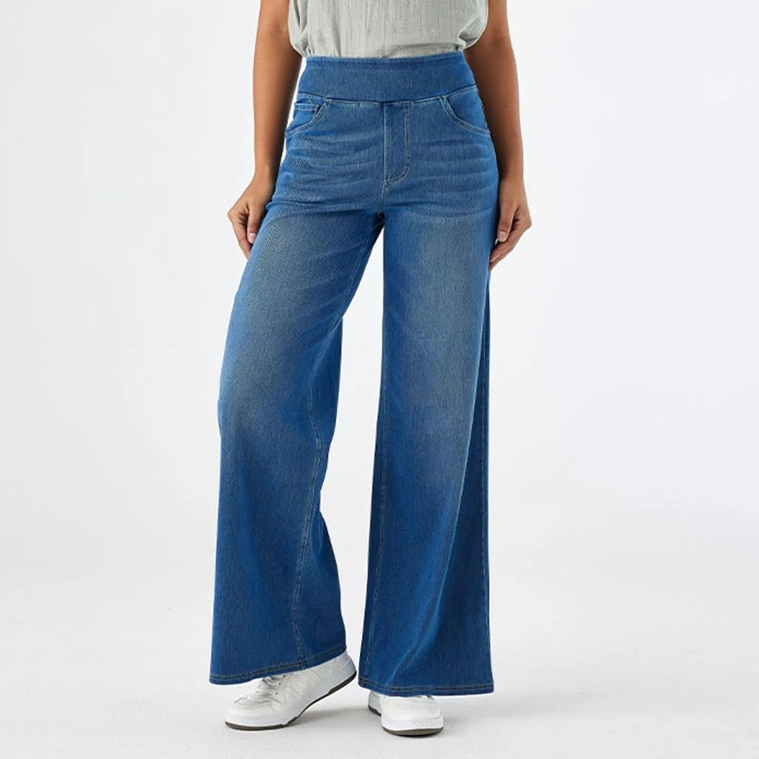 Wide Leg Jeans Womens Pull On,Trendy Baggy Sweatpant That Look Like Jeans,Casual Elastic High Waisted Stretchy Denim Pants