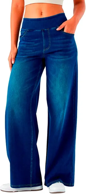 Wide Leg Jeans Womens Pull On,Trendy Baggy Sweatpant That Look Like Jeans,Casual Elastic High Waisted Stretchy Denim Pants