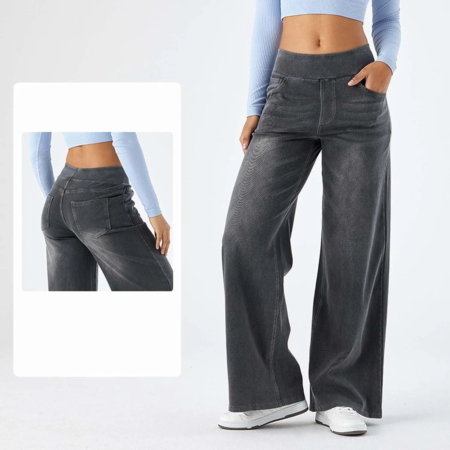Wide Leg Jeans Womens Pull On,Trendy Baggy Sweatpant That Look Like Jeans,Casual Elastic High Waisted Stretchy Denim Pants
