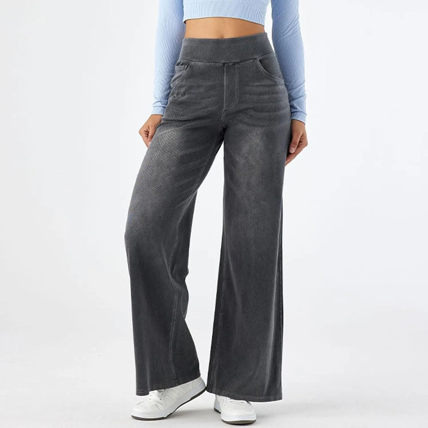 Wide Leg Jeans Womens Pull On,Trendy Baggy Sweatpant That Look Like Jeans,Casual Elastic High Waisted Stretchy Denim Pants