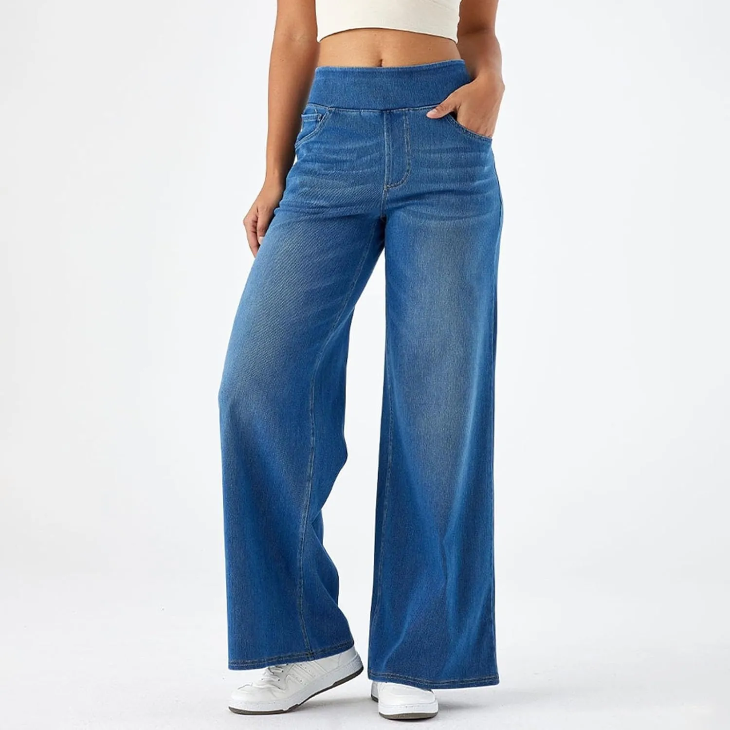 Wide Leg Jeans Womens Pull On,Trendy Baggy Sweatpant That Look Like Jeans,Casual Elastic High Waisted Stretchy Denim Pants