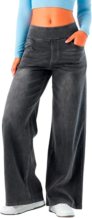Wide Leg Jeans Womens Pull On,Trendy Baggy Sweatpant That Look Like Jeans,Casual Elastic High Waisted Stretchy Denim Pants