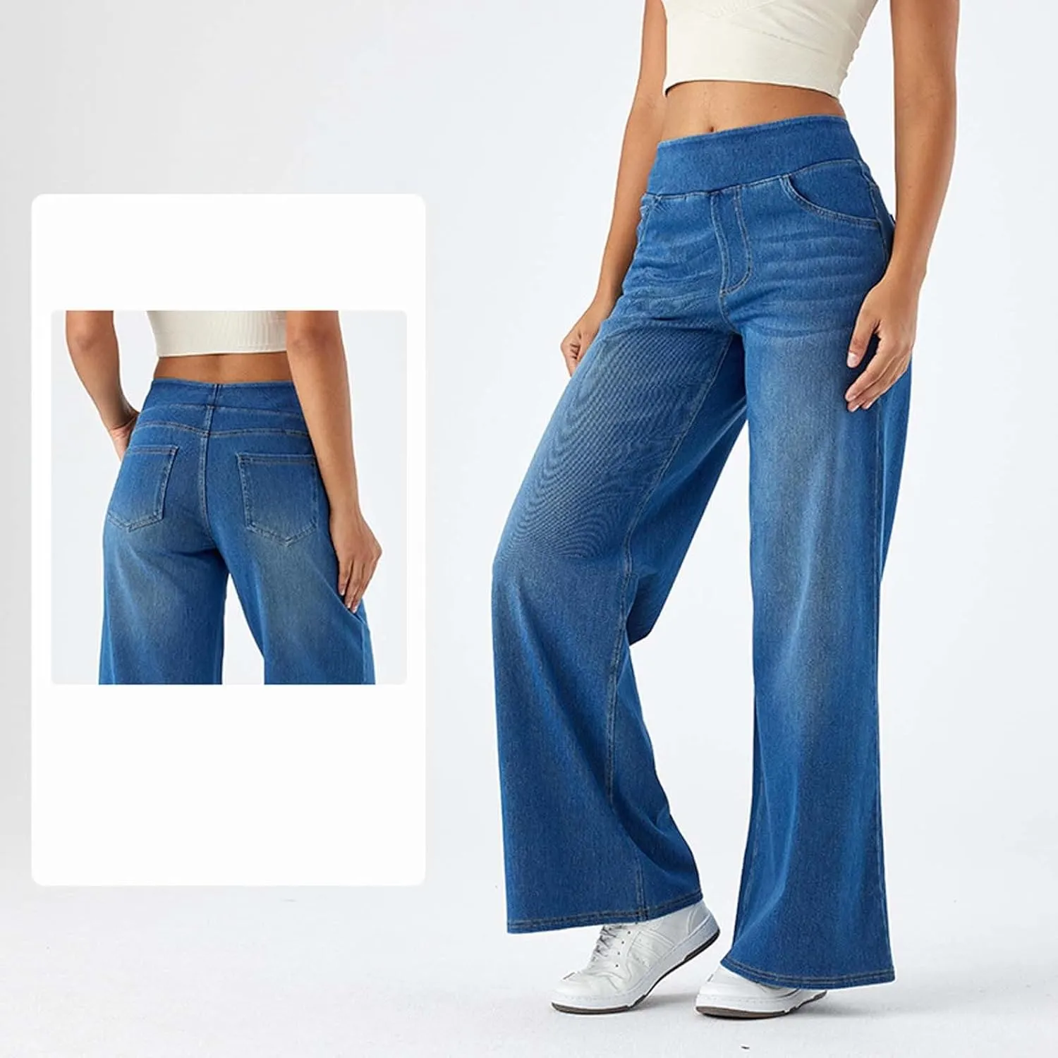 Wide Leg Jeans Womens Pull On,Trendy Baggy Sweatpant That Look Like Jeans,Casual Elastic High Waisted Stretchy Denim Pants