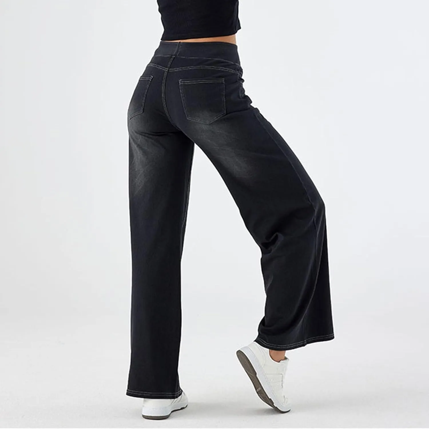 Wide Leg Jeans Womens Pull On,Trendy Baggy Sweatpant That Look Like Jeans,Casual Elastic High Waisted Stretchy Denim Pants