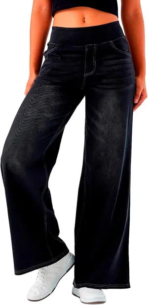 Wide Leg Jeans Womens Pull On,Trendy Baggy Sweatpant That Look Like Jeans,Casual Elastic High Waisted Stretchy Denim Pants