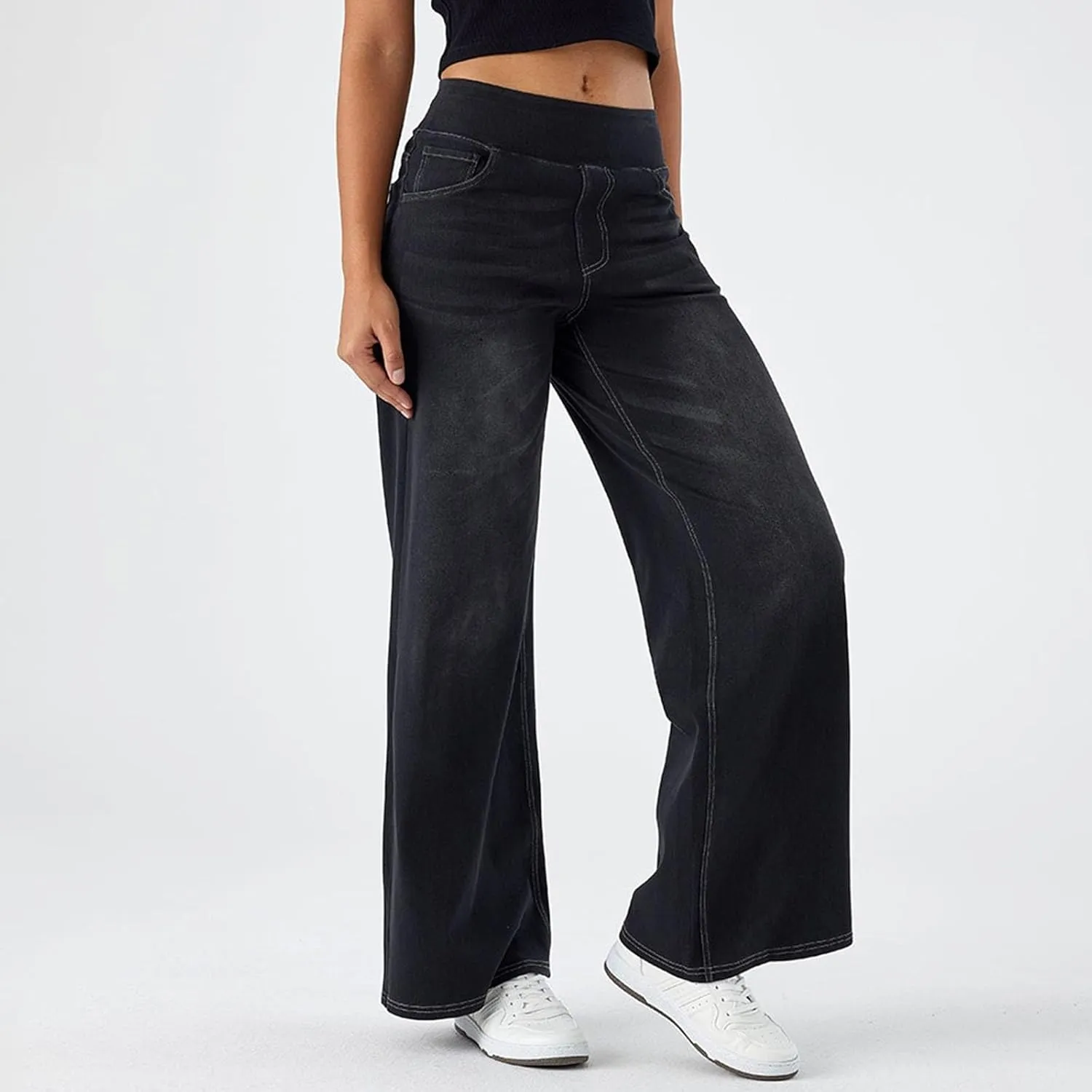 Wide Leg Jeans Womens Pull On,Trendy Baggy Sweatpant That Look Like Jeans,Casual Elastic High Waisted Stretchy Denim Pants