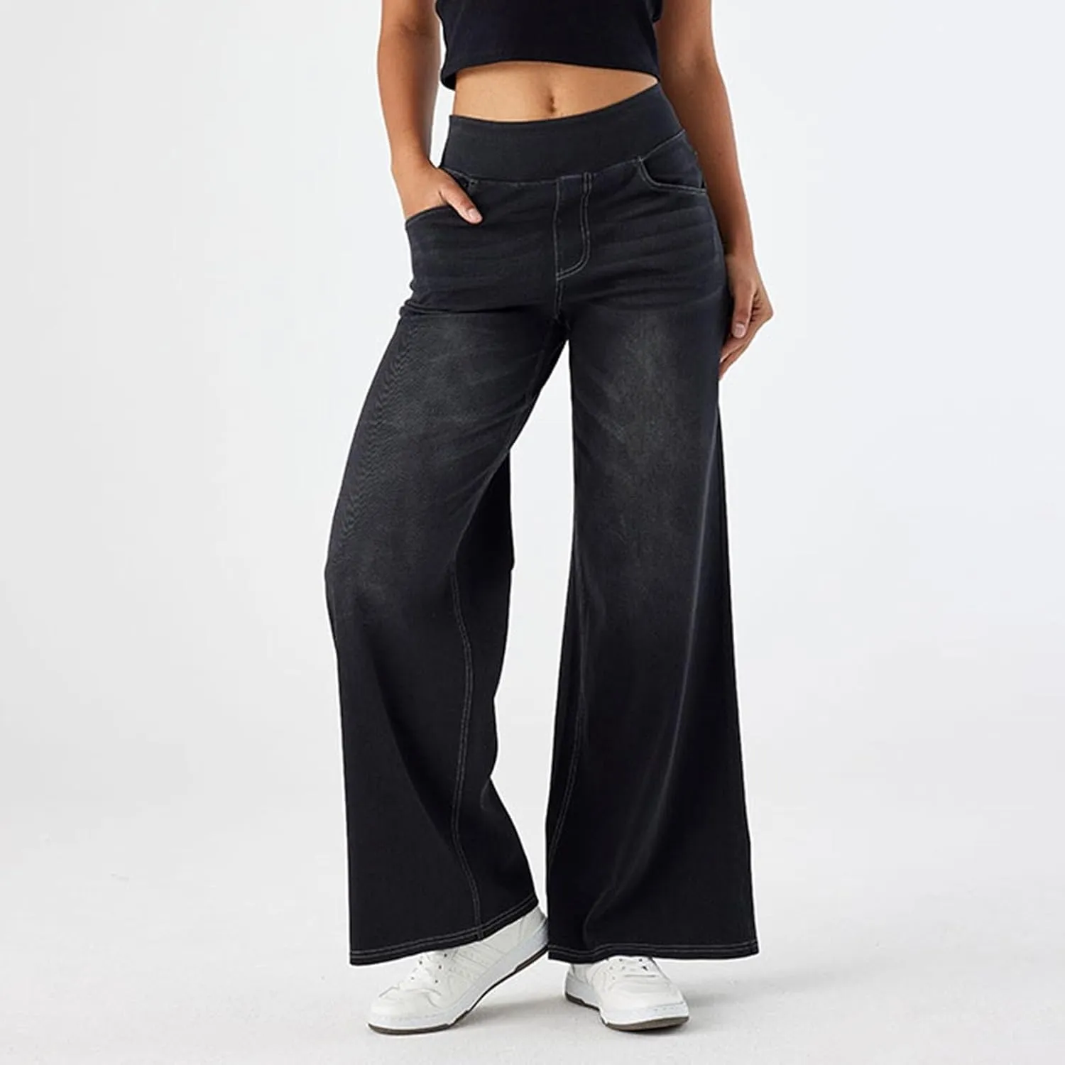 Wide Leg Jeans Womens Pull On,Trendy Baggy Sweatpant That Look Like Jeans,Casual Elastic High Waisted Stretchy Denim Pants