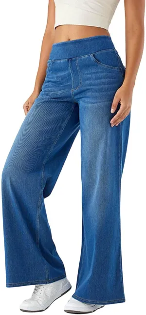 Wide Leg Jeans Womens Pull On,Trendy Baggy Sweatpant That Look Like Jeans,Casual Elastic High Waisted Stretchy Denim Pants