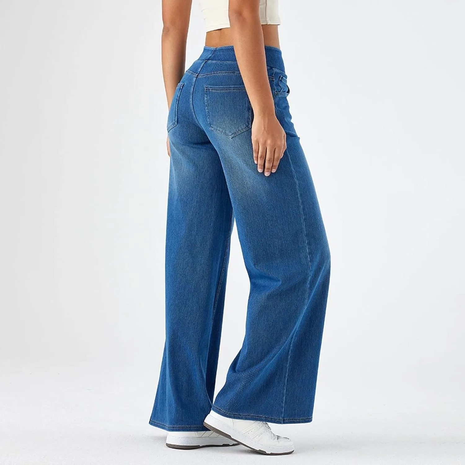 Wide Leg Jeans Womens Pull On,Trendy Baggy Sweatpant That Look Like Jeans,Casual Elastic High Waisted Stretchy Denim Pants