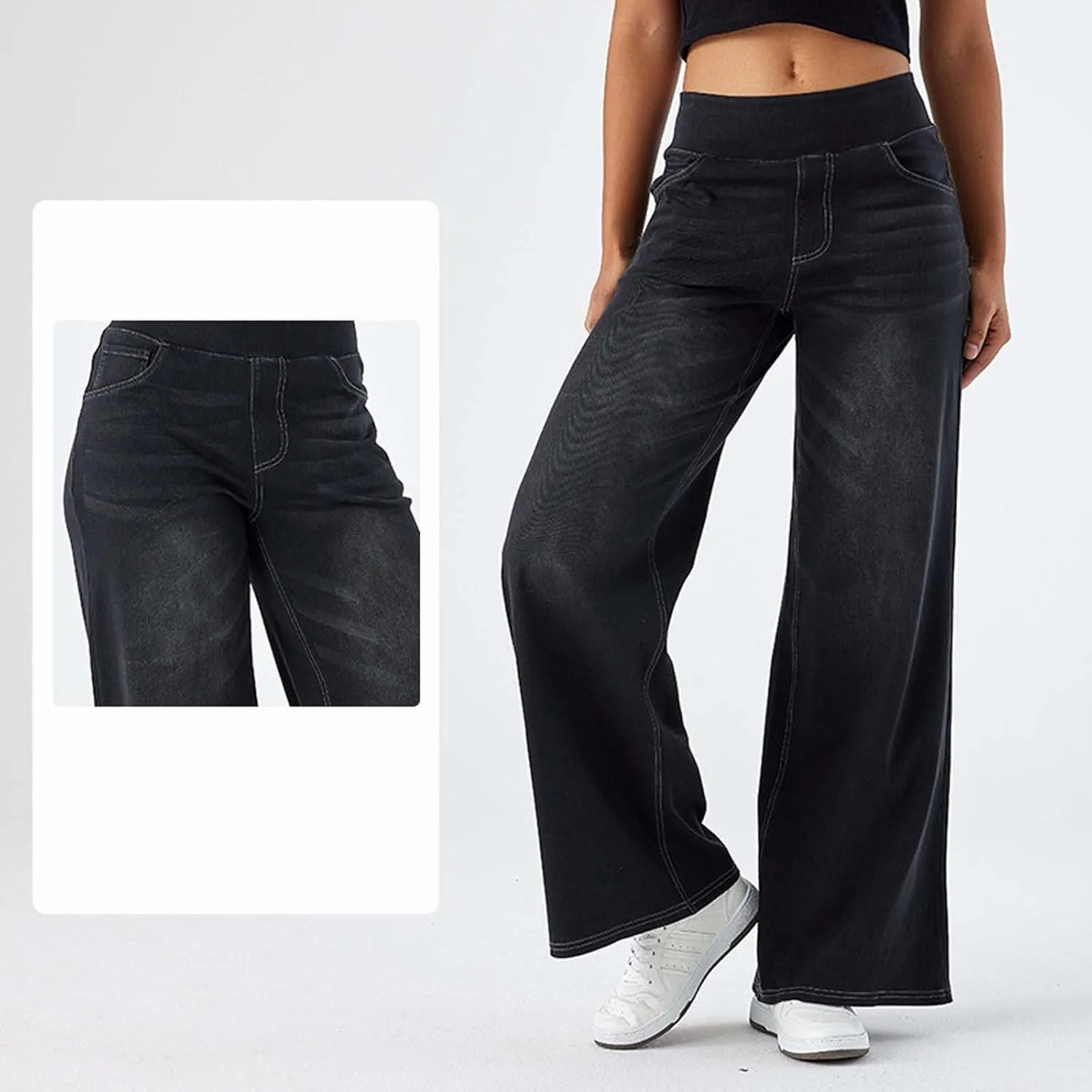 Wide Leg Jeans Womens Pull On,Trendy Baggy Sweatpant That Look Like Jeans,Casual Elastic High Waisted Stretchy Denim Pants