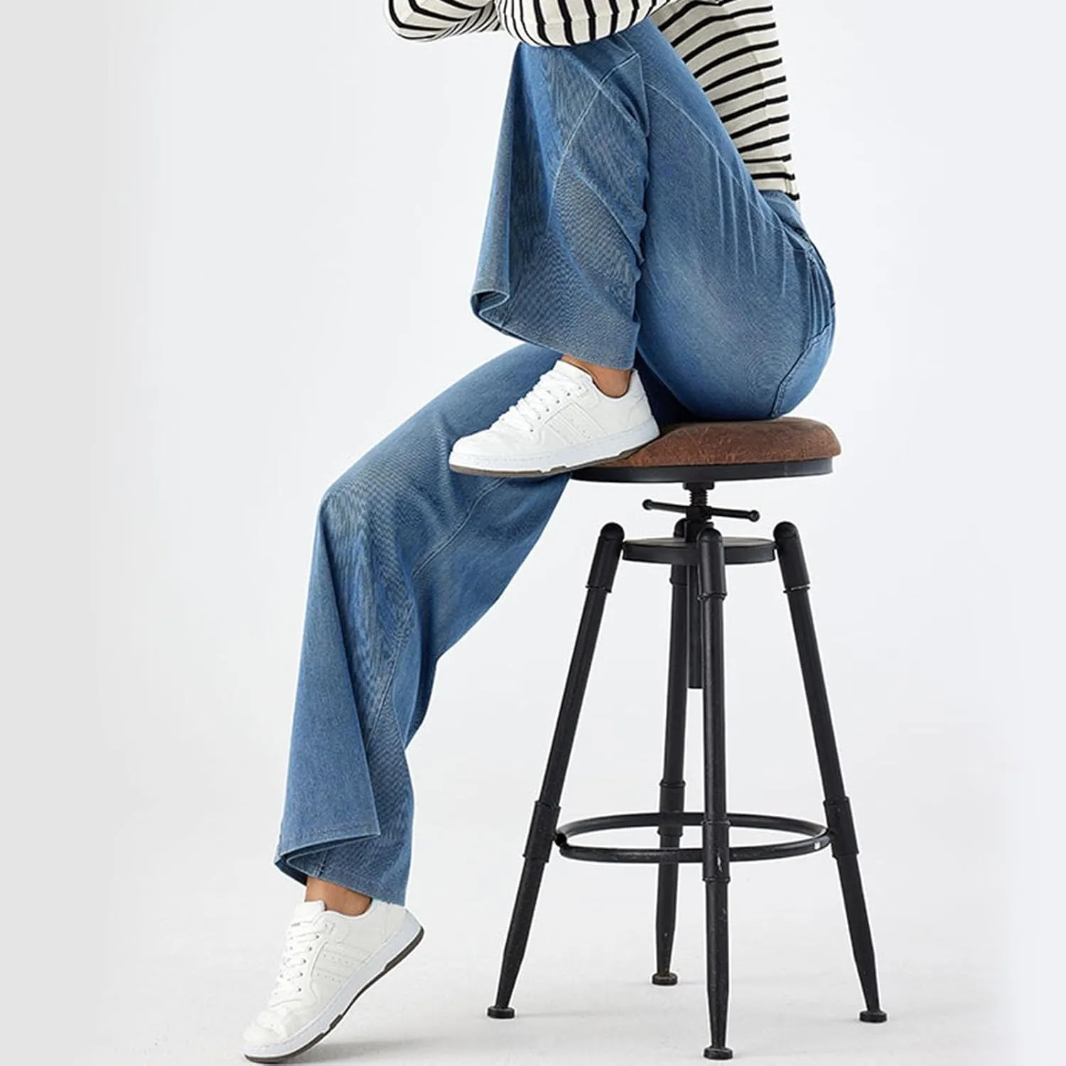 Wide Leg Jeans Womens Pull On,Trendy Baggy Sweatpant That Look Like Jeans,Casual Elastic High Waisted Stretchy Denim Pants