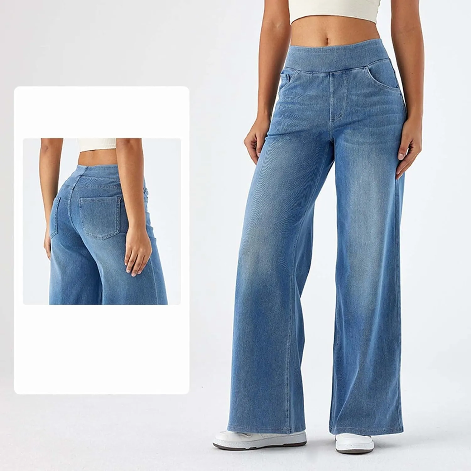 Wide Leg Jeans Womens Pull On,Trendy Baggy Sweatpant That Look Like Jeans,Casual Elastic High Waisted Stretchy Denim Pants