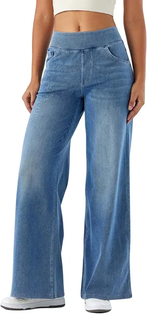 Wide Leg Jeans Womens Pull On,Trendy Baggy Sweatpant That Look Like Jeans,Casual Elastic High Waisted Stretchy Denim Pants