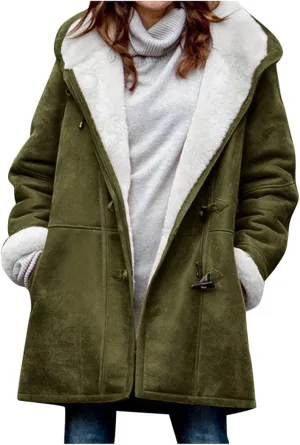 Winter Sherpa Lined Coats for Women Plus Size Button Down Fleece Hooded Jacket Trendy Fuzzy Thermal Thick Outwear