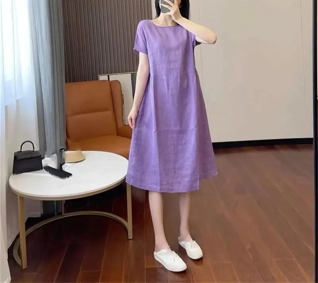 Women Basic Casual Loose Midi Dress Solid Color A-Line Summer O-Neck Pockets Korean Short Sleeve Dresses